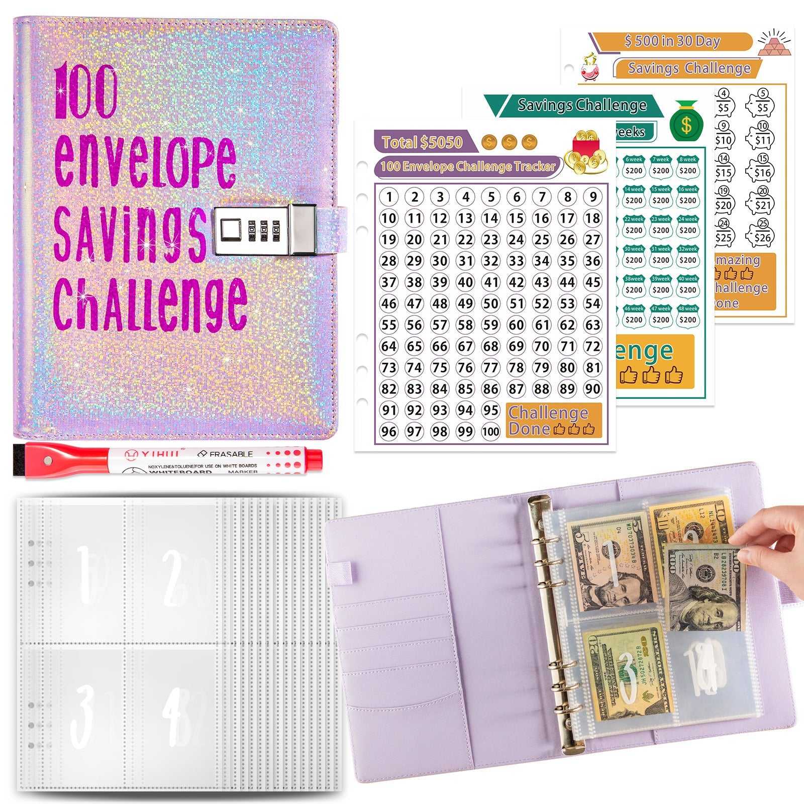100 Envelope Savings Challenge set with organizer, stickers, and pen.