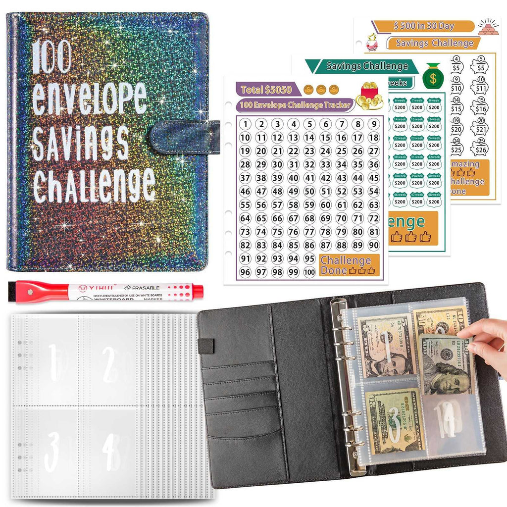 Savings challenge kit with planner, stickers, and money holder.