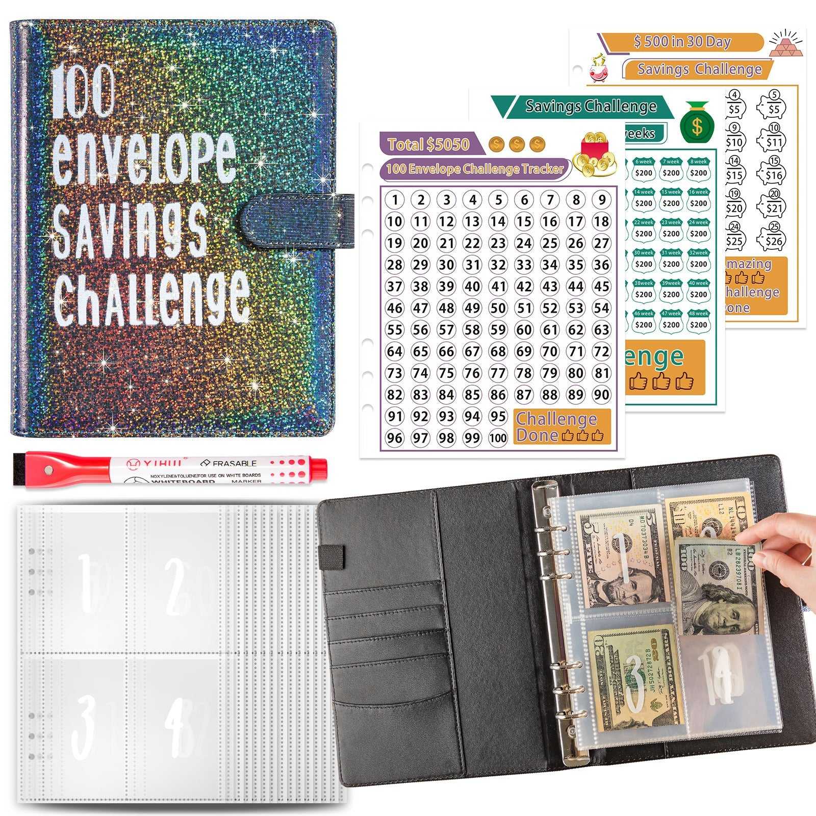 Savings challenge kit with planner, stickers, and money holder.