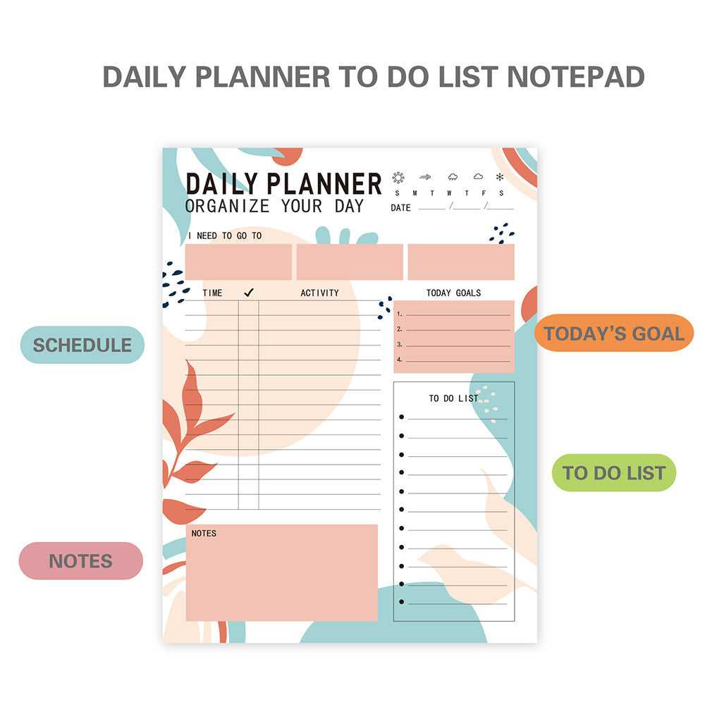 Daily planner to-do list notepad with colorful design on a white background