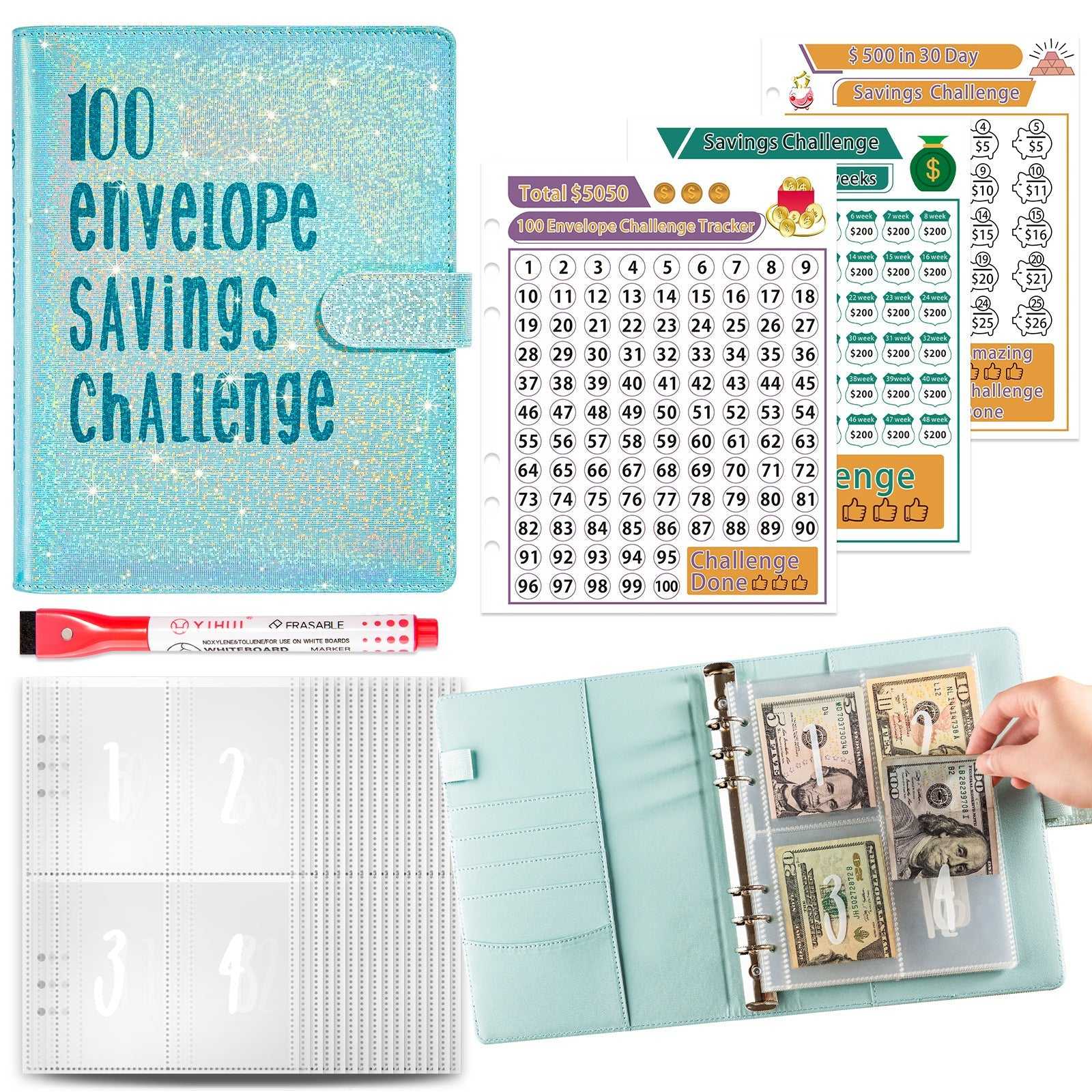 100 Envelope Savings Challenge set with organizer, markers, and charts.