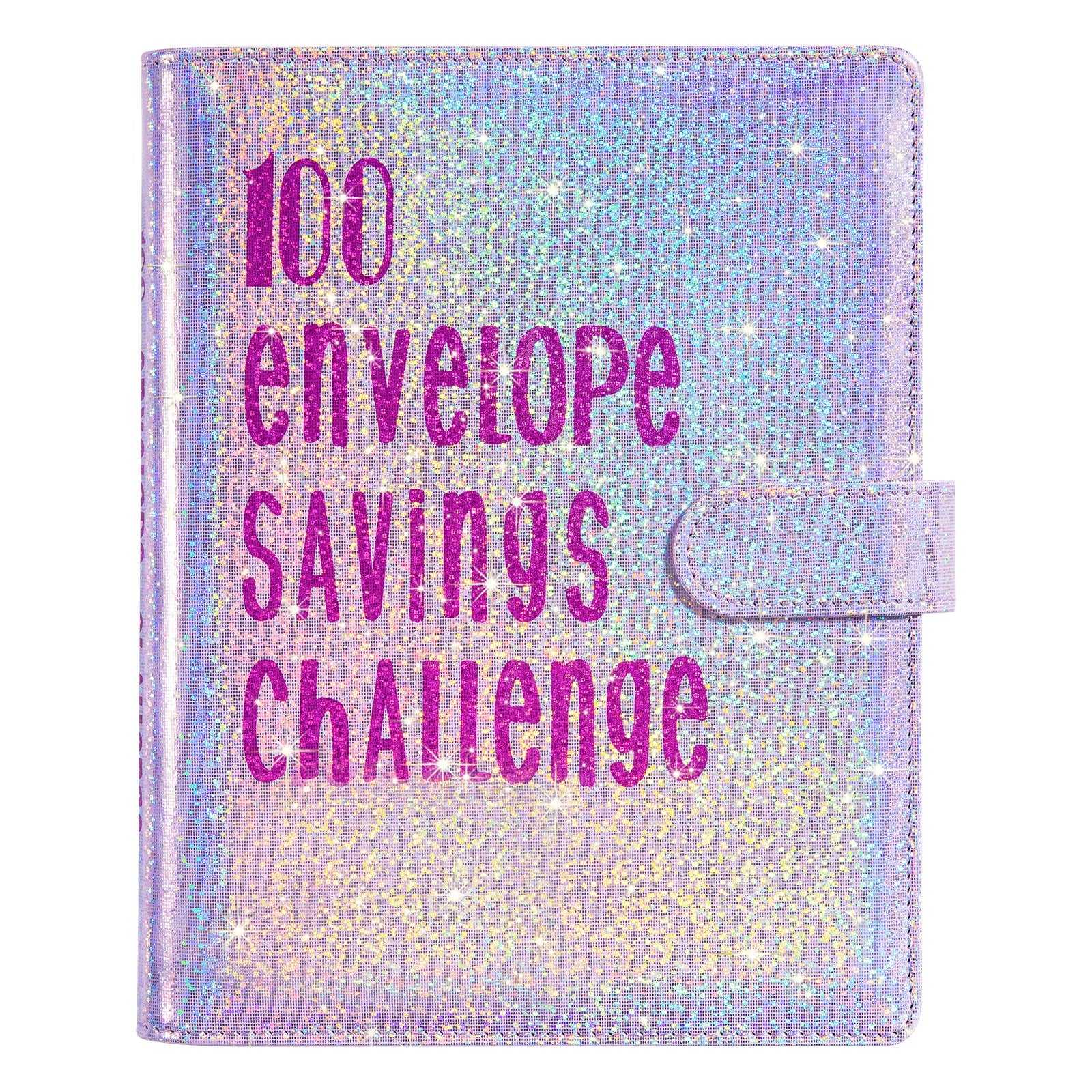 Glittery notebook with '100 envelope savings challenge' text on a white background