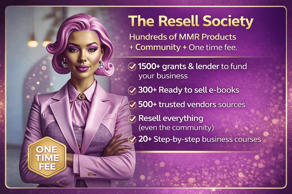 Promotional graphic for 'The Resell Society' with a woman in a pink suit and purple hair on a purple background.