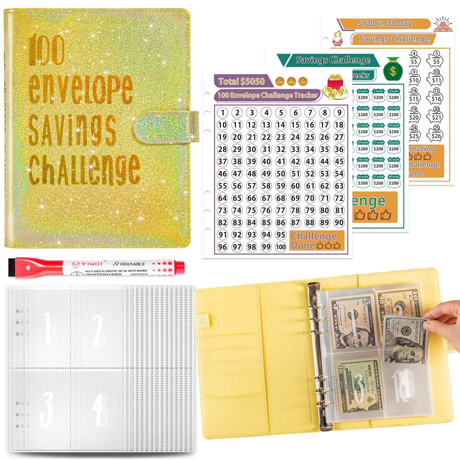 100 Envelope Savings Challenge set with yellow binder, tabs, and money storage compartments.