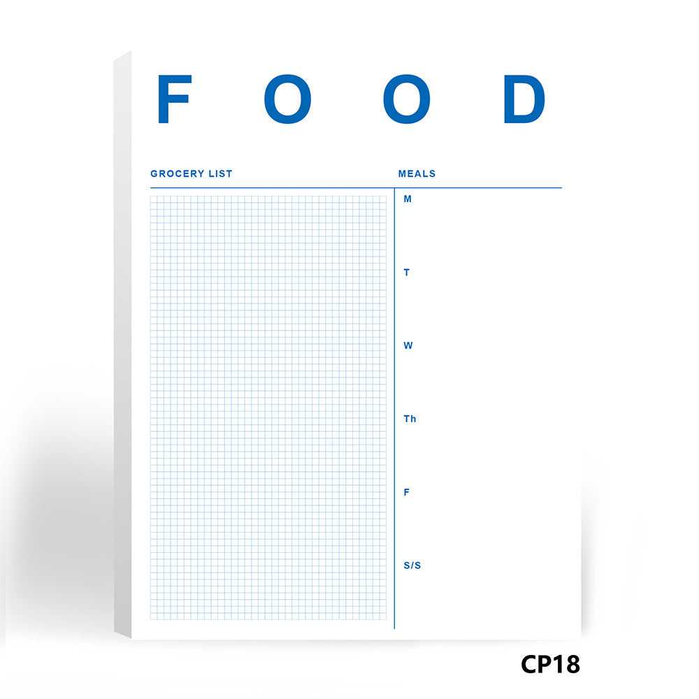 Notebook with grid layout for grocery lists and meals, titled 'FOOD', on a white background.