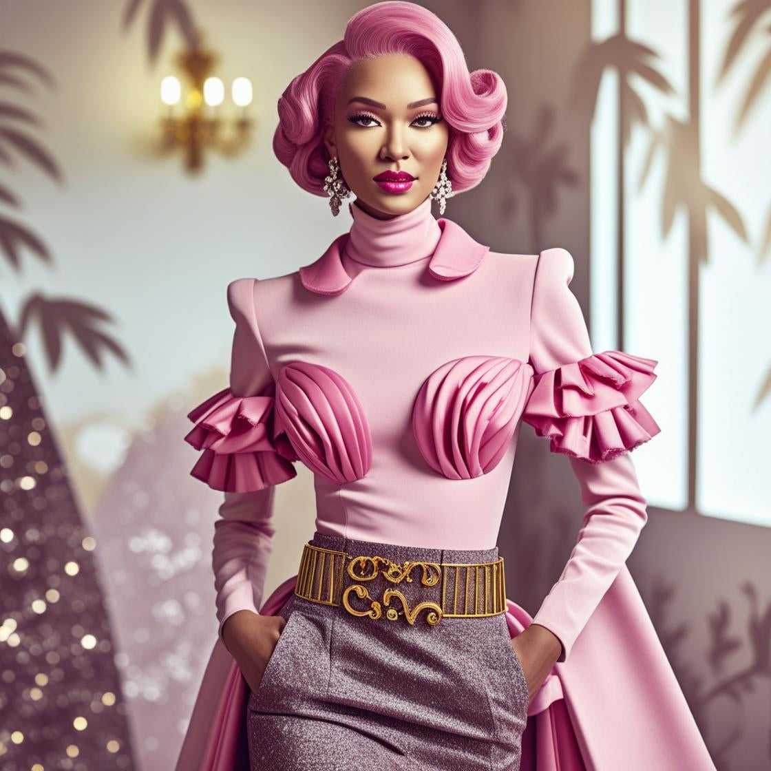 Woman in a pink outfit with ruffled sleeves and a gray skirt in an elegant interior setting.