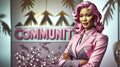 Person with pink hair and a pink jacket standing in front of a 'Community' sign.