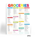 Colorful grocery list categorization chart on a white background