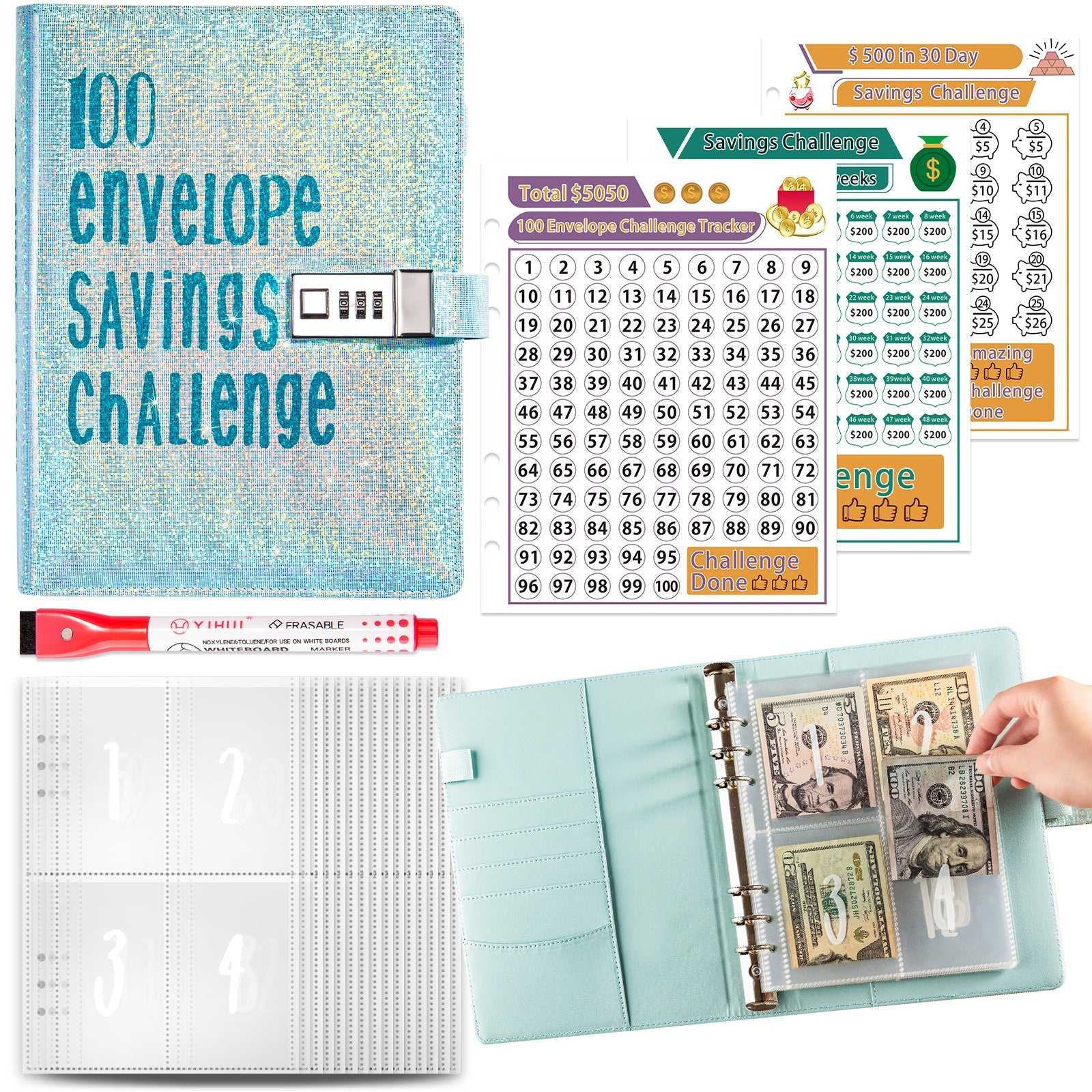 Collection of financial planning products including a savings challenge book, checklists, and a money organizer.