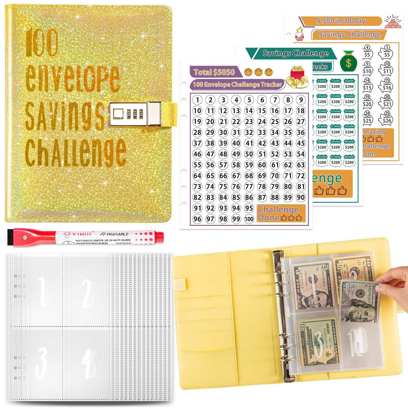 Gold '100 Envelope Savings Challenge' binder with money, charts, and a pen.