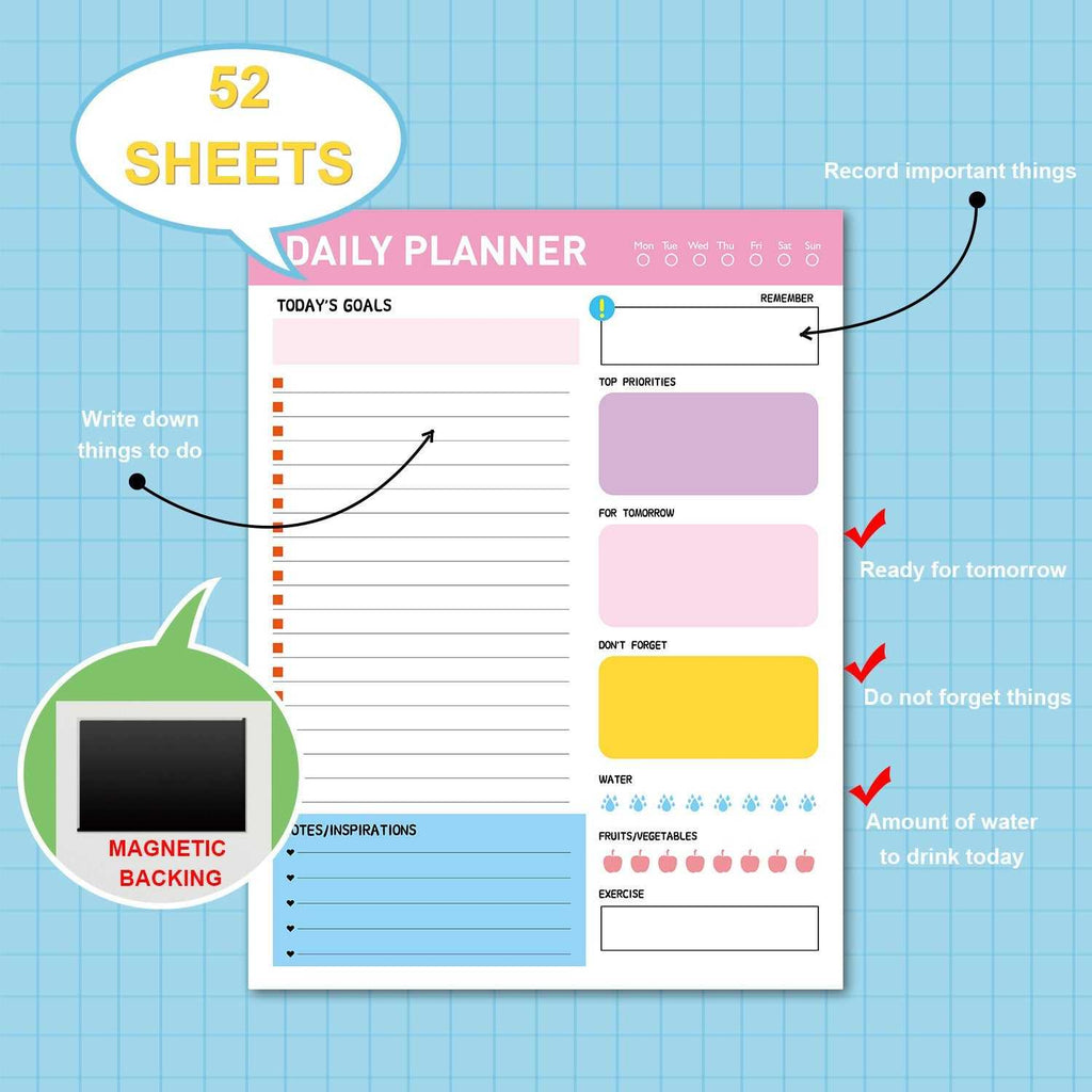 Daily planner with magnetic backing on a blue grid background