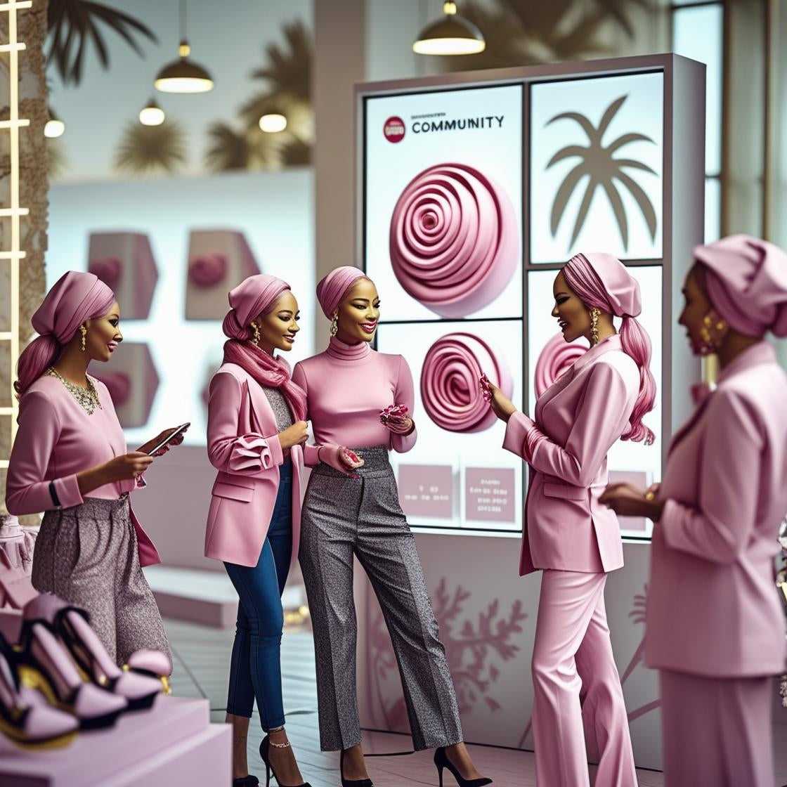 Group of women in a store wearing pink outfits, interacting with a display.